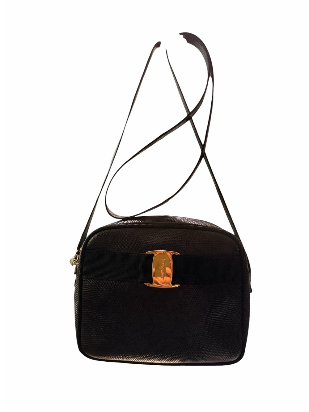 Vintage Salvatore Ferragamo Vala Black Leather Crossbody Bag with Gold Accent